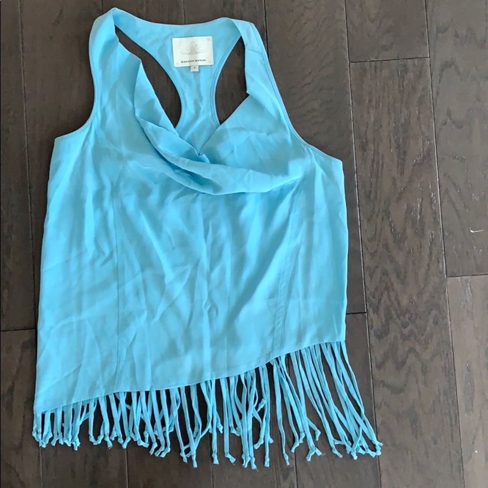 Madison Marcus light blue fringe silk top
